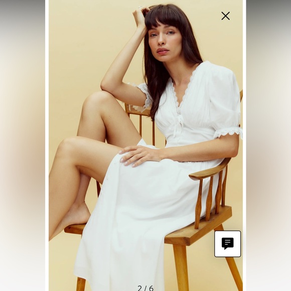 new Reformation Ketra puff sleeve button up lace trim midi dress in white cotton - Picture 4 of 11